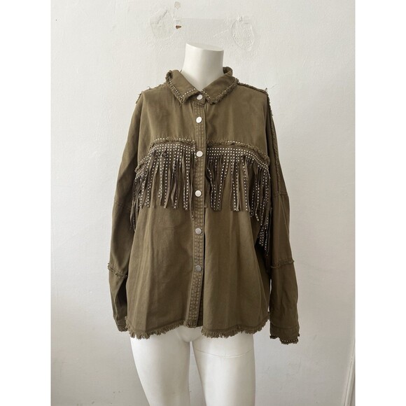 Zara Olive Green Cotton Fringe Trim Studded Snap Button Western Jacket Size Lg - Picture 1 of 9